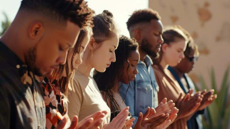 group praying carrying gods glory